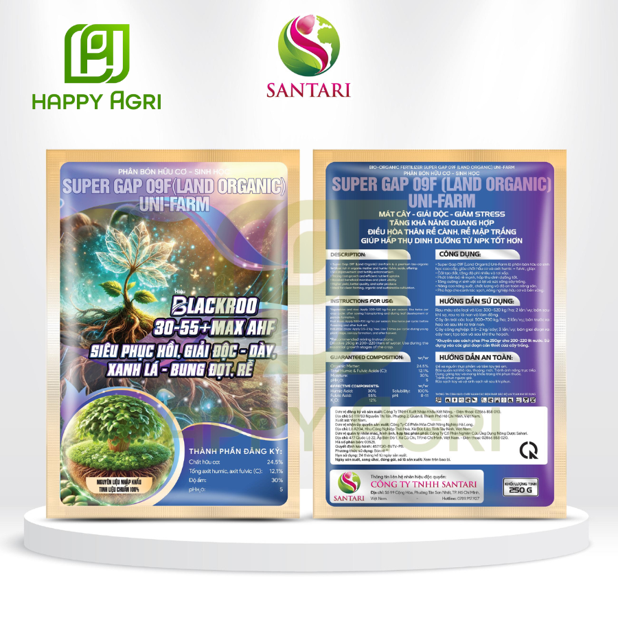 PHÂN BÓN HỮU CƠ SINH HỌC SUPER GAP 09F (LAN ORGANIC) UNI-FARM HIỆU BLACKROO 30-55+MAX AHF