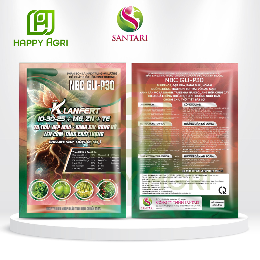 PHÂN BÓN LÁ NPK-TRUNG-VI LƯỢNG CÓ CHẤT ĐIỀU HÒA SINH TRƯỞNG NBC GLI-P30 HIỆU KLANFERT 10-30-25+MG, ZN+TE
