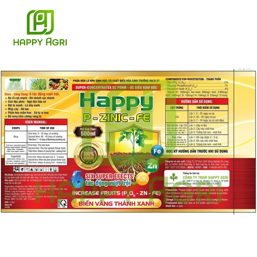 Phân Bón Lá NPK Sinh Học - HAPPY P-ZINIC-FE 500ML